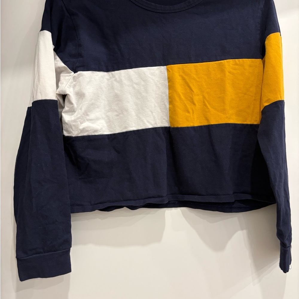 Gaze Women’s Crop Long Sleeve T Shirt, Navy With White & Yellow Stripe, Size M